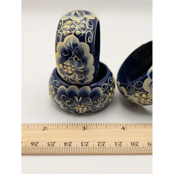 Hand Painted Blue Floral Wooden Napkin Rings Gzhel Style Set of 4 - Picture 4 of 4